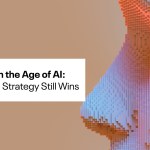 The words Marketing in the Age of A!, Why Human Strategy Still Wins. With an AI generates face to the right.