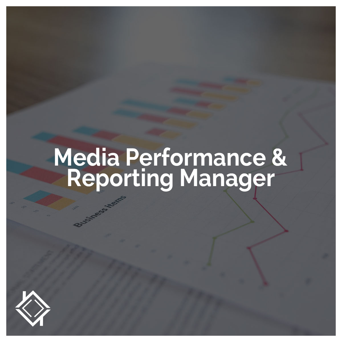 Media Performance and Reporting Manager written in white over an image with a report showing graphs