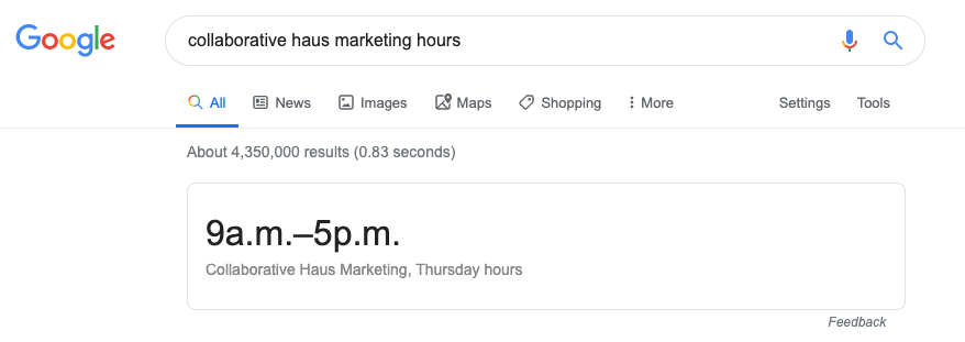 Google Search for Collaborative Haus Marketing Hours showing they are ope 9am to 5pm on Thursday