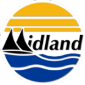 A circle with yellow stripes on top and blue waves on the bottom. The word Midland is inside the circle where the M in Midland is made to look like sails.