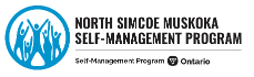 A blue circle with blue outlines of people. The words North Simcoe Muskoka Self-Management Program are beside it